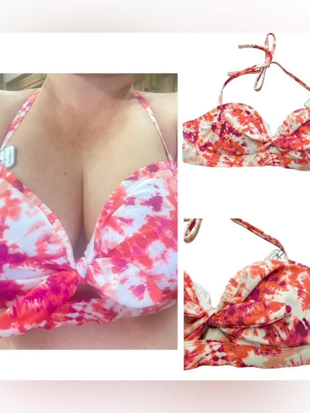 🌸Time And Tru Tie Dye Halter Bikini Top Bow Adjustable Strap Pink Orange XL